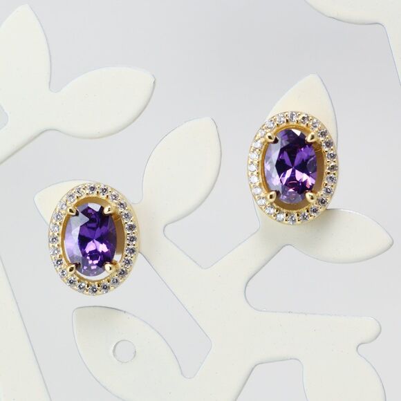 925 Sterling Silver CUBIC ZIRCONIA STUDS, Purple Stone Stud Earrings - Picture 4 of 10